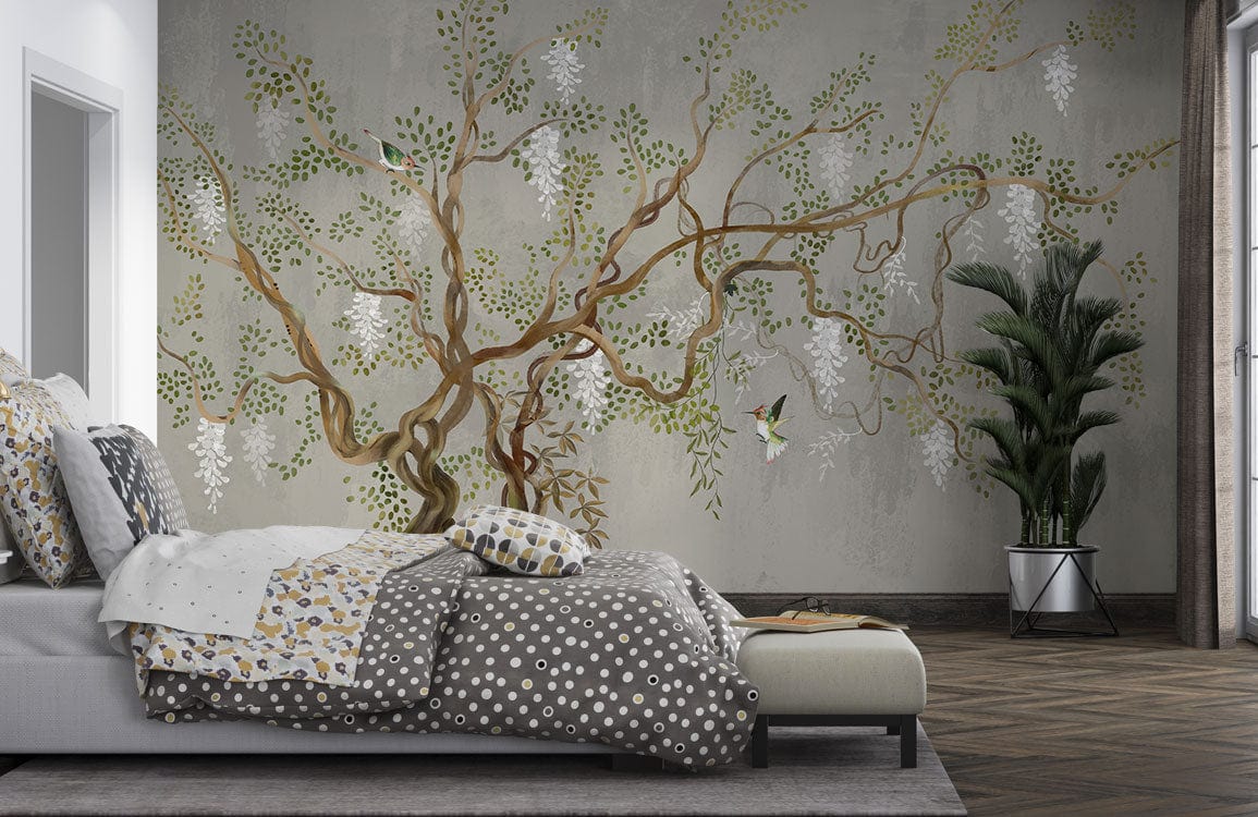 Elegant botanical mural wallpaper in bedroom with patterned bed, grey walls, parquet flooring, and potted plant.