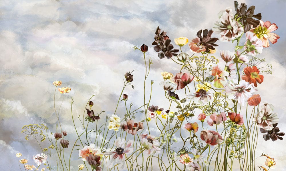 Vintage Floral Watercolour Mural Wallpaper in Soft Pastel Sky Tones