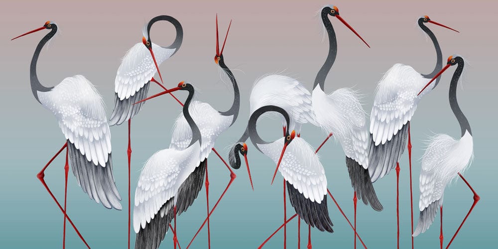 Graceful Cranes Elegant Mural Wallpaper, Oriental Style with Soft Gradient Background