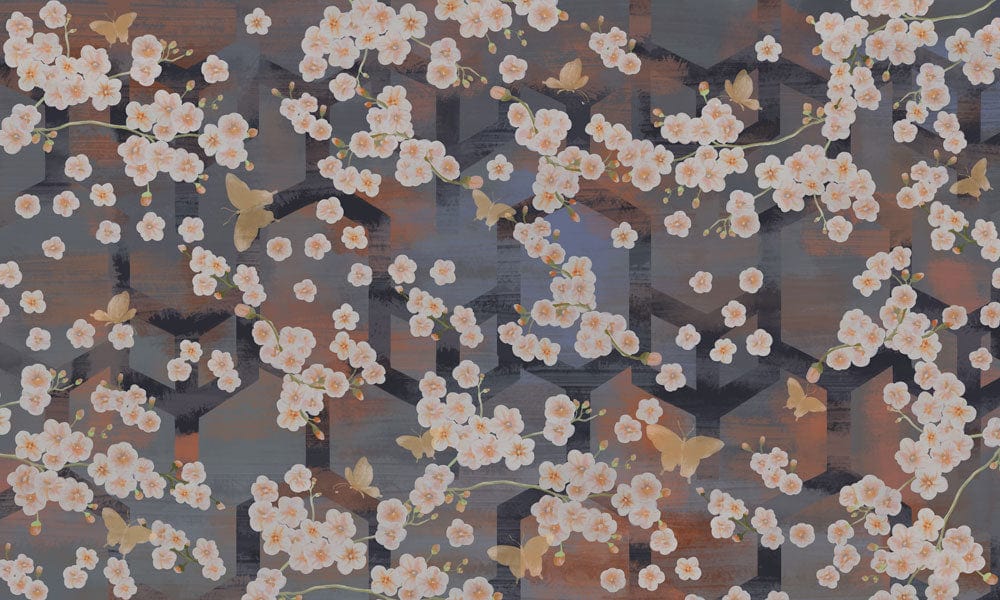Elegant Cherry Blossom Floral Wallpaper with Subtle Geometric Background Accents