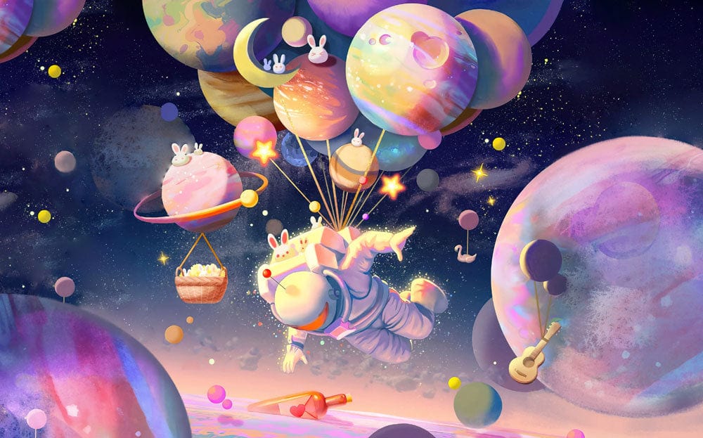 Whimsical Cosmic Adventure Astronaut Mural Wallpaper with Pastel Colours and Balloons