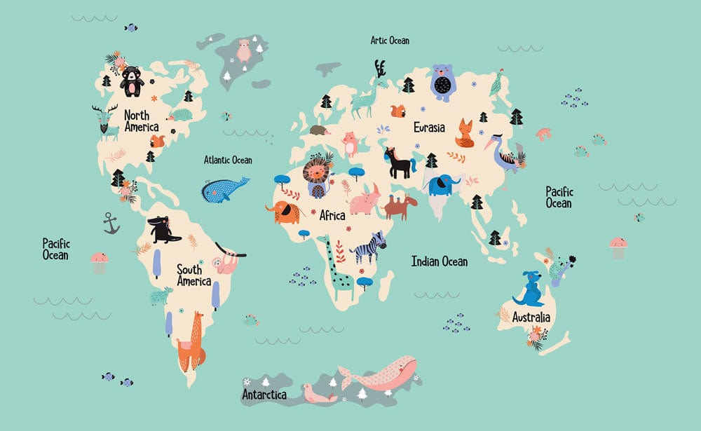 Colourful Children's World Map Mural Wallpaper - Educational Adventure Design