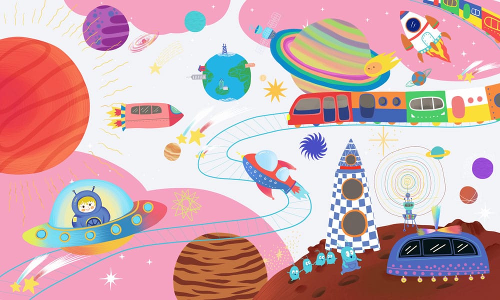 Vibrant Cosmic Adventure Kids' Bedroom Space Theme Wall Mural in Pink