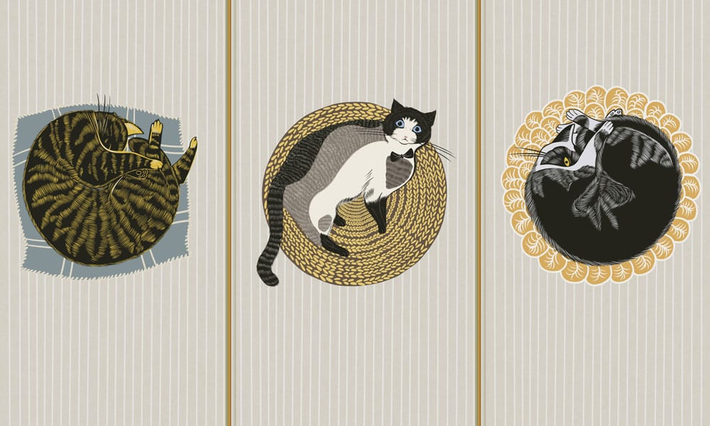 Cosy Cats Trio Mural Wallpaper in Vintage Style Warm Neutrals