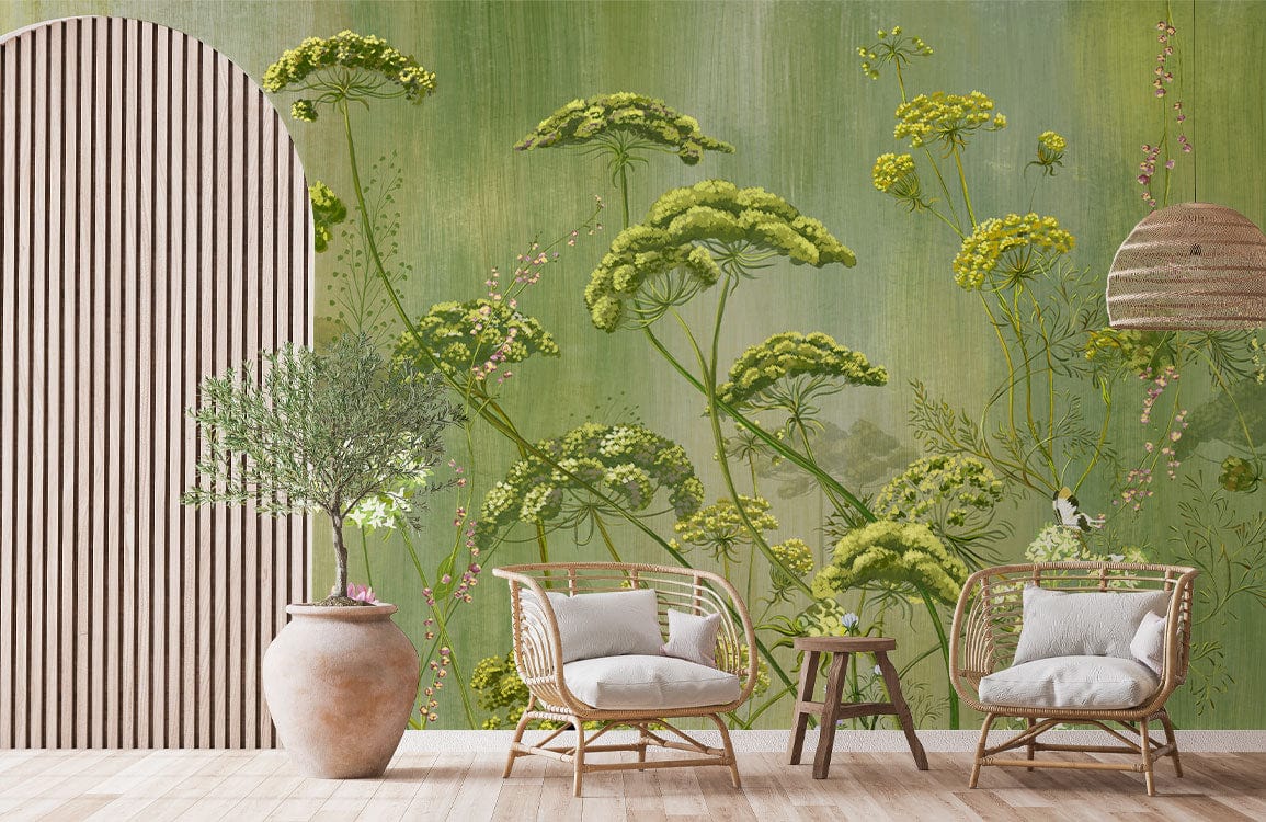 Botanical Garden Green Floral Mural Wallpaper with natural wildflower design, rattan chairs, wood floor, potted plant.