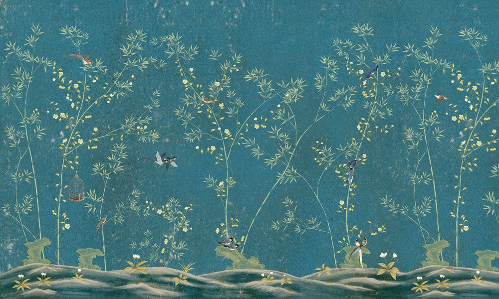 Elegant Teal Chinoiserie Wallpaper with Bird and Floral Design Pattern