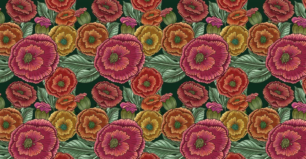 Vintage Botanical Floral Wallpaper with Vibrant Colours and Dark Green Background