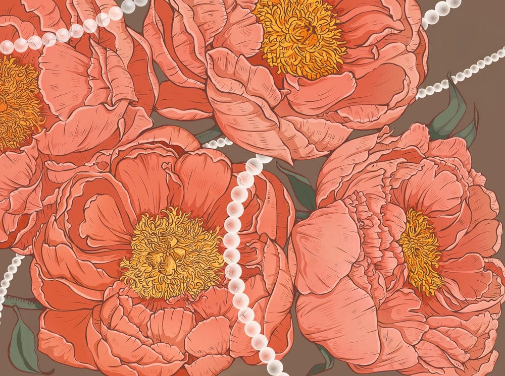 Elegant Coral Peony and Pearl Floral Mural Wallpaper for Sophisticated Interiors