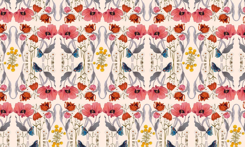 Vintage Floral Garden Wallpaper with Red Poppies and Butterflies Design
