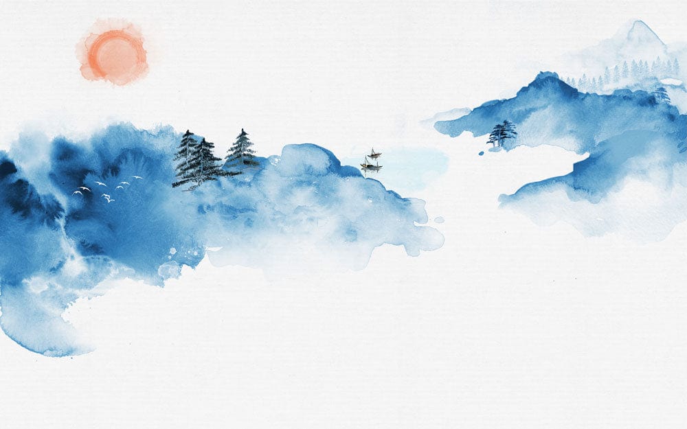 Serene Blue Watercolour Mountain Landscape Mural Wallpaper: Tranquil Nature Art Décor
