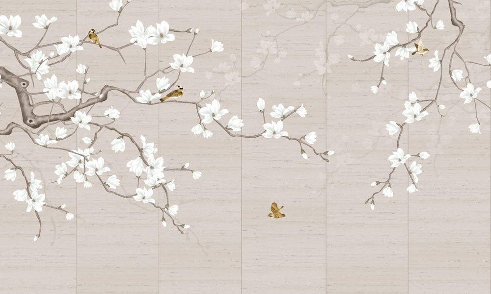 Elegant Blossom Beige Floral Mural Wallpaper with Birds and Branches Design
