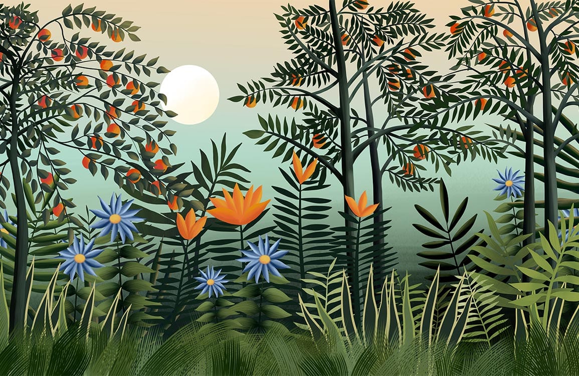 Tranquil Sunrise Forest Mural Wallpaper with Lush Green and Orange Hues