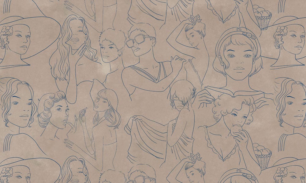 Vintage Minimalist Sketch Ladies Beige Mural Wallpaper with Retro Charm
