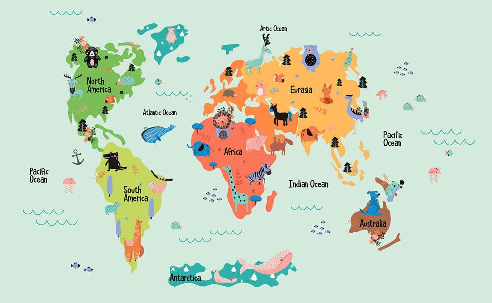 Colourful Illustrated World Map Kids' Educational Wallpaper Mural for Playrooms