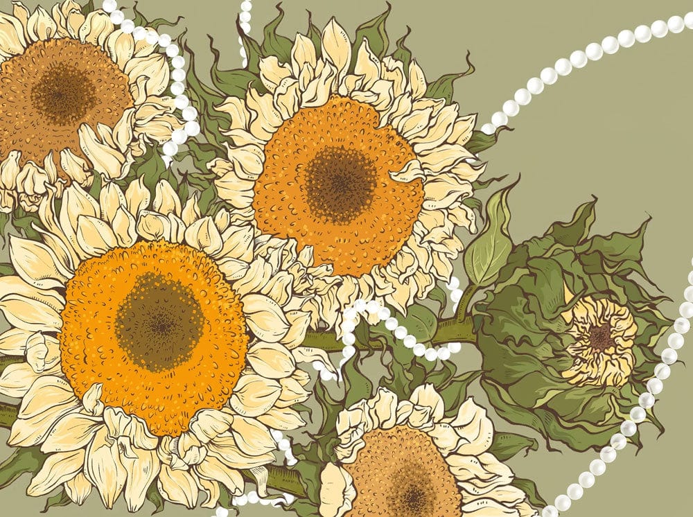 Vintage Sunflower and Pearls Mural Wallpaper in Green and Yellow Tones