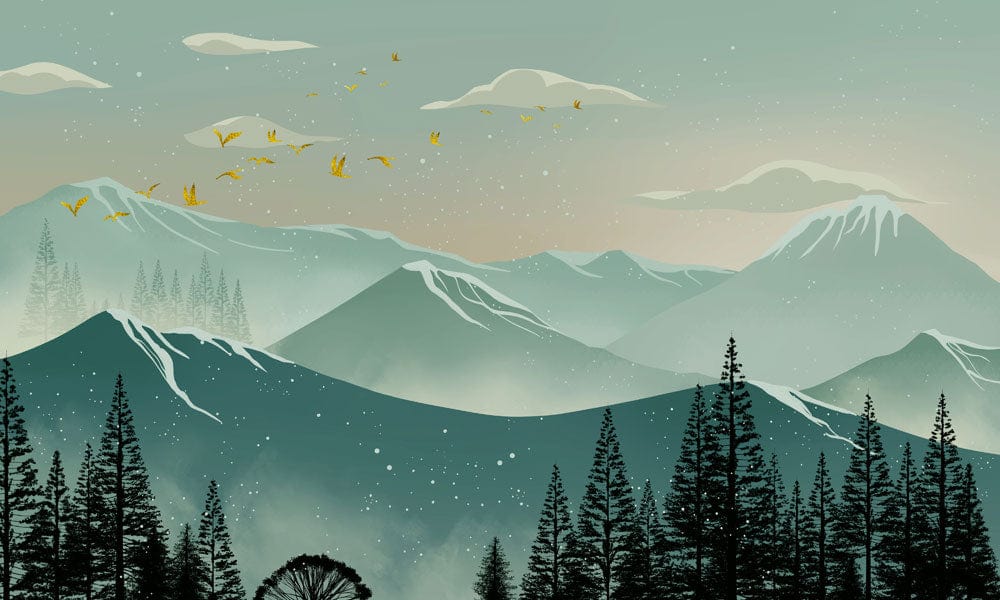 Serene Mountain Landscape Mural Wallpaper in Teal and Green Tones