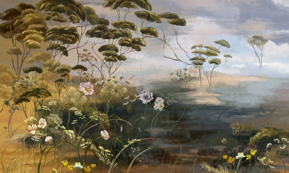 Tranquil Vintage Nature Mural Wallpaper in Earthy and Pastel Tones