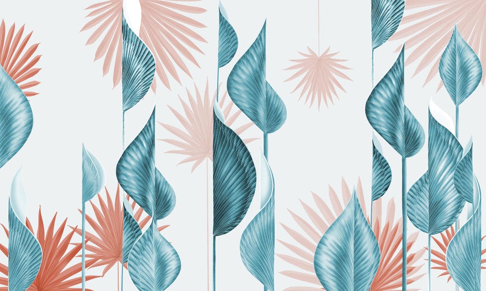 Tropical Blue and Coral Leaf Pattern Wallpaper: Modern Botanical Design