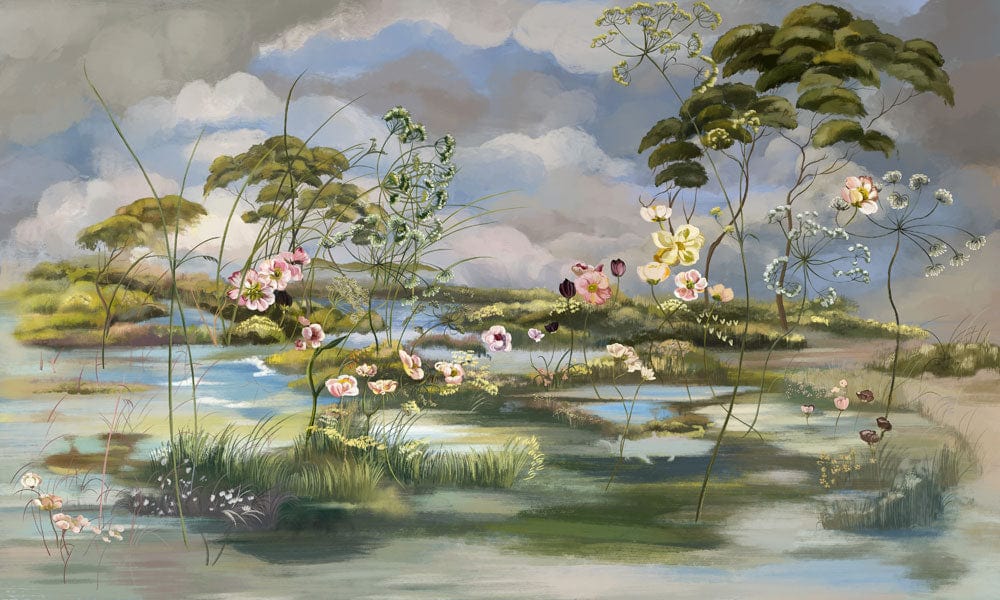 Pastoral Haven Hand-Painted Mural Wallpaper with Floral and Pastel Tones