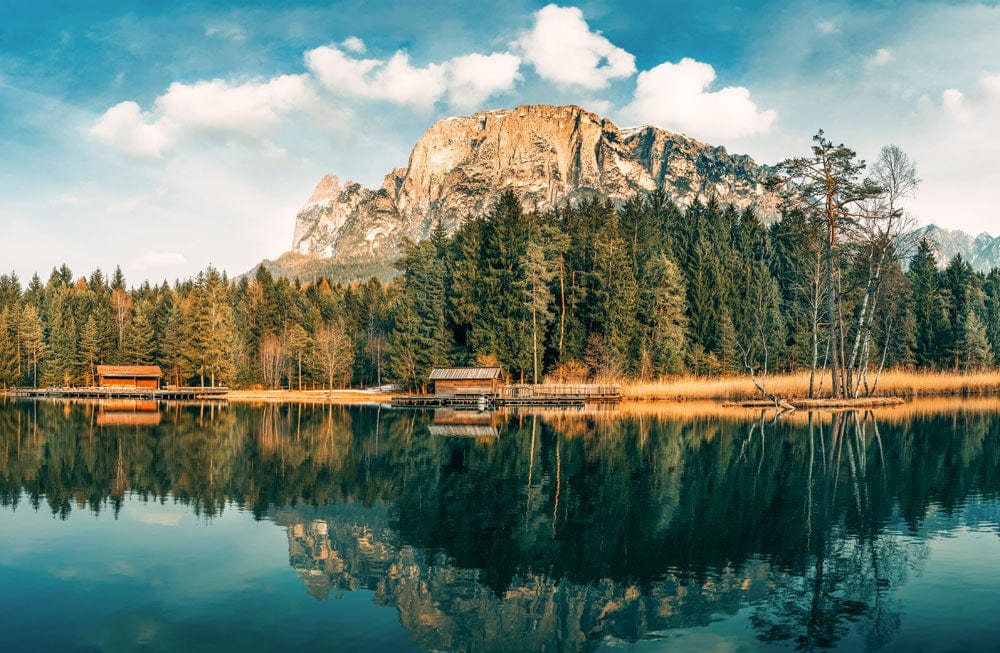 Serene Mountain Lake Reflection Mural Wallpaper in Natural Earthy Tones