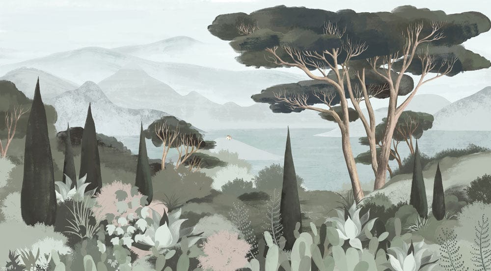 Tranquil Evergreen Landscape Mural Wallpaper - Serene Countryside Scene in Soft Hues