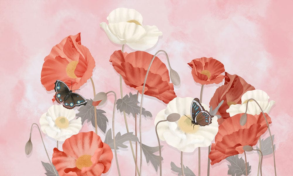 Charming Pink Floral and Butterfly Mural Wallpaper - Elegant Poppy Blossom Design