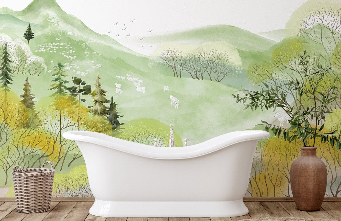 Serene Pastel Forest Mural Wallpaper in bathroom with white bathtub, wooden floor, and wicker basket.
