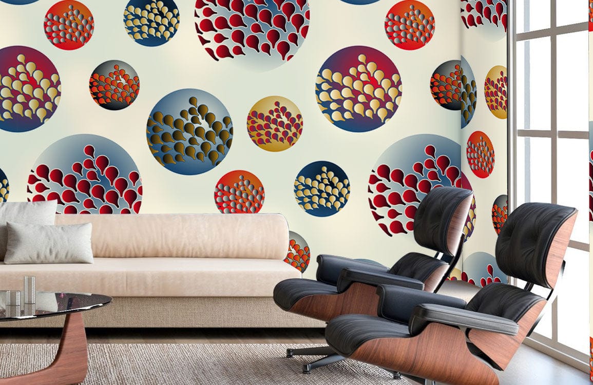 Retro Circular Motif Wallpaper: Colourful vintage design with beige sofa, modern armchairs, stylish living room.
