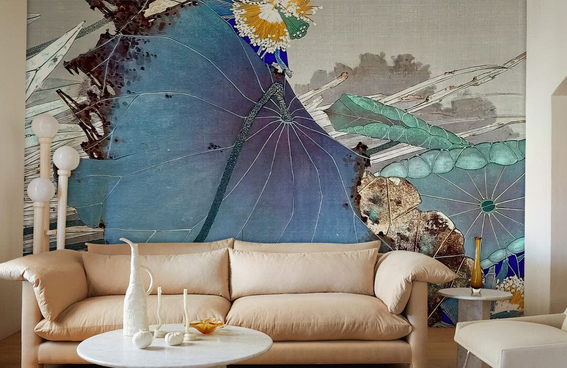 Wallpaper mural with an abstract design of falling lotus leaves, perfect for use in decorating a living area.