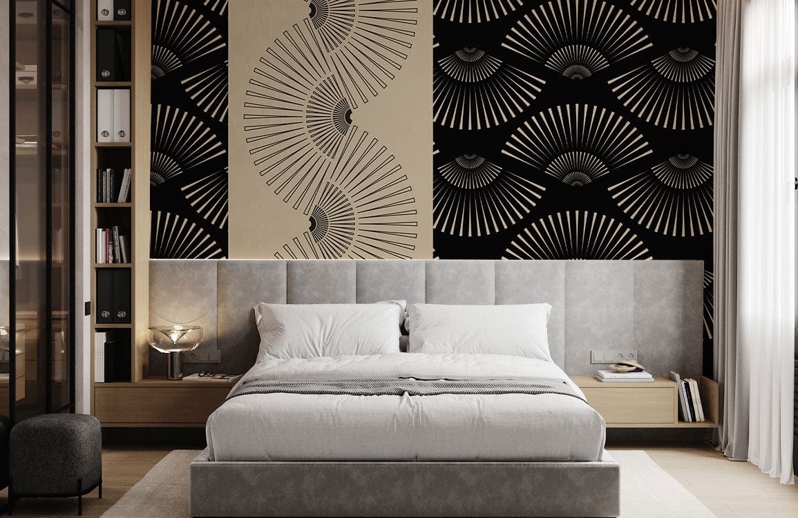 Art Deco black and gold fan pattern wallpaper in modern bedroom with grey upholstered bed, wood accents.