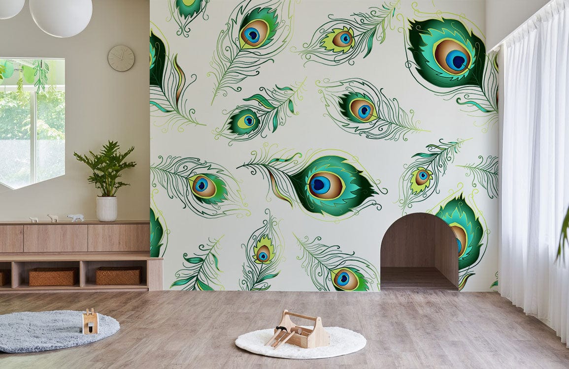 Peacock Feather Oasis Art Deco wallpaper in green, adorning stylish living room with wooden flooring.