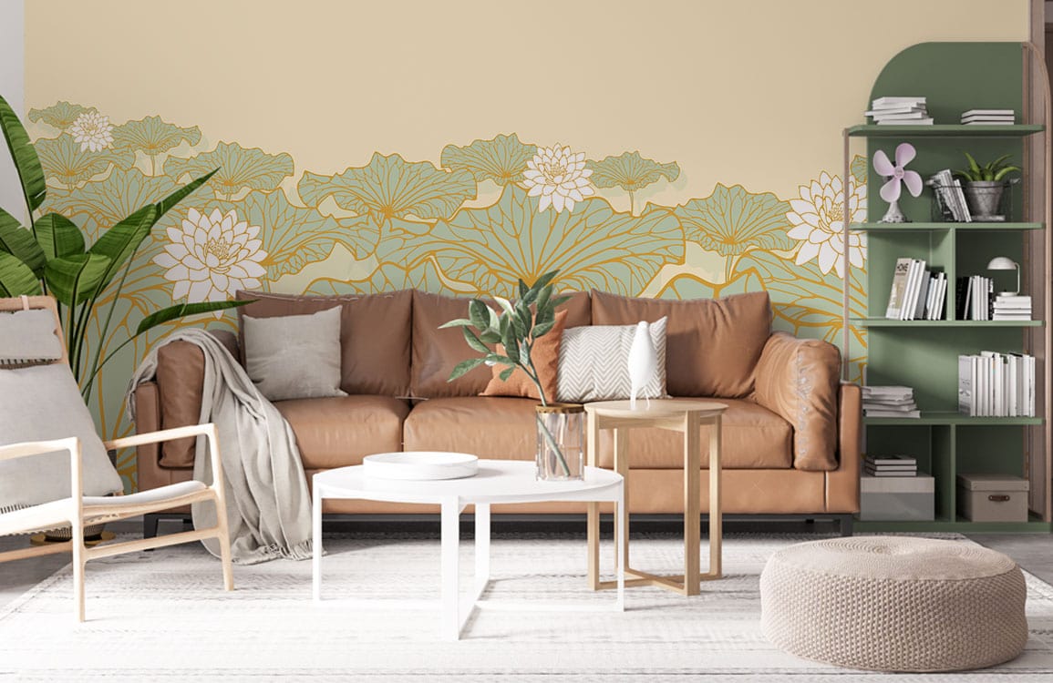 Elegant Gold and Green Lotus Mural Wallpaper in cosy living room with tan sofa and green bookshelf.