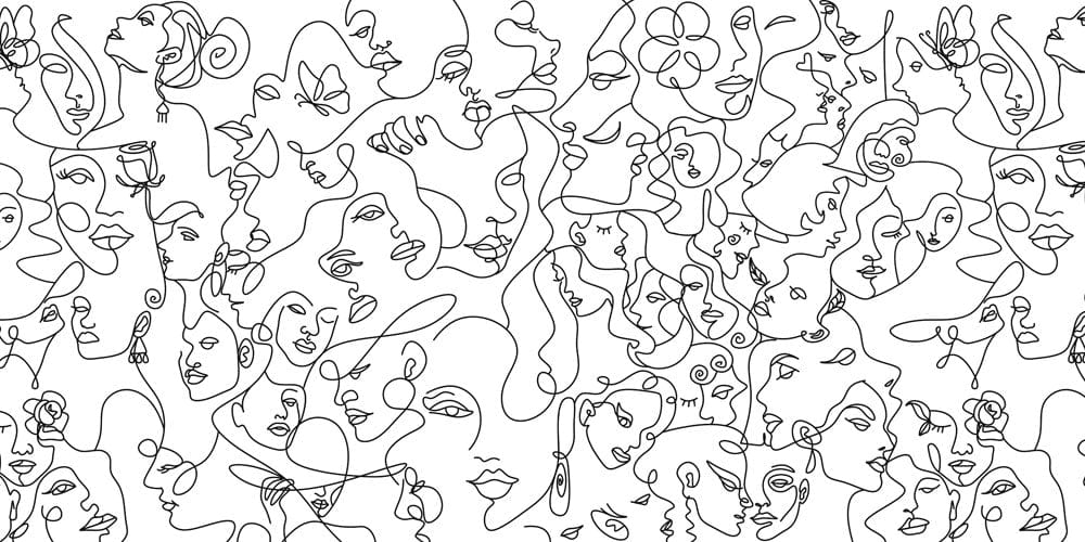 Monochrome Abstract Faces Line Art Wall Mural for Contemporary Interiors