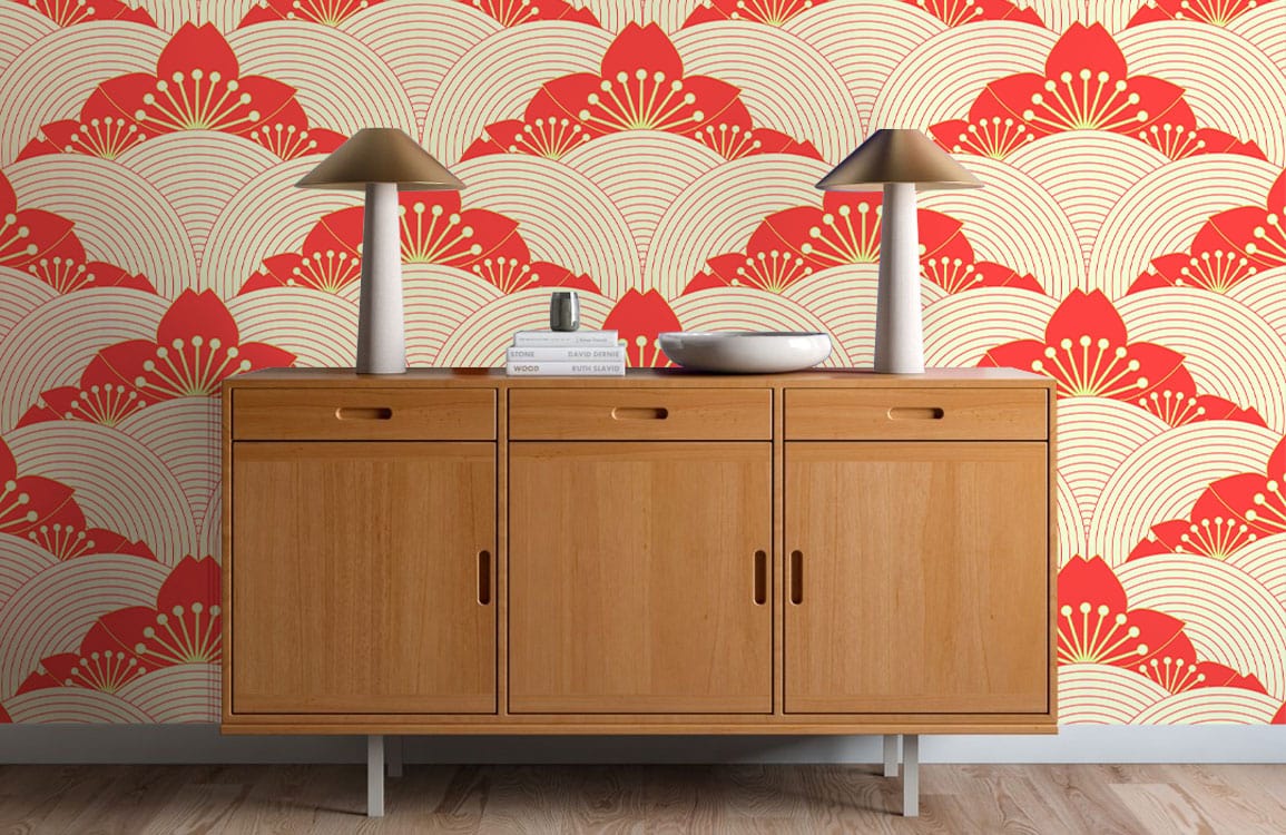 Elegant Red and Cream Japanese Fan Wallpaper, oak sideboard, modern floor lamp, wood flooring.