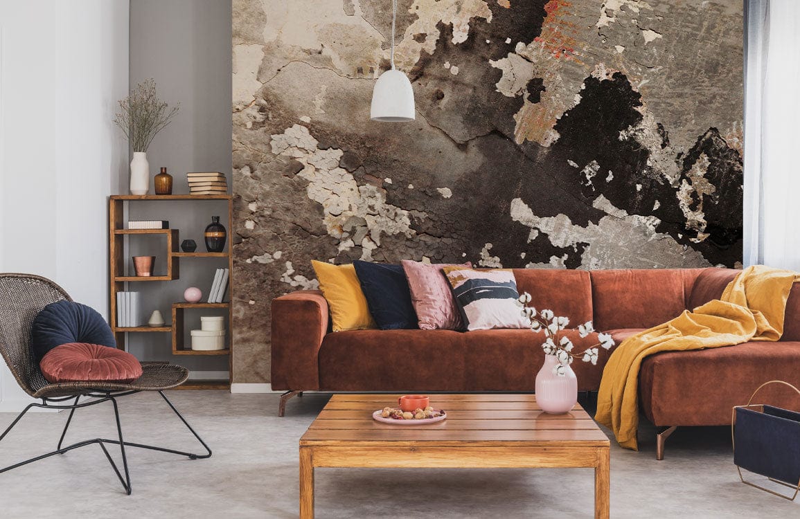 Vintage Grunge Wallpaper in earthy tones, with brown velvet sofa, wooden coffee table, modern decor.