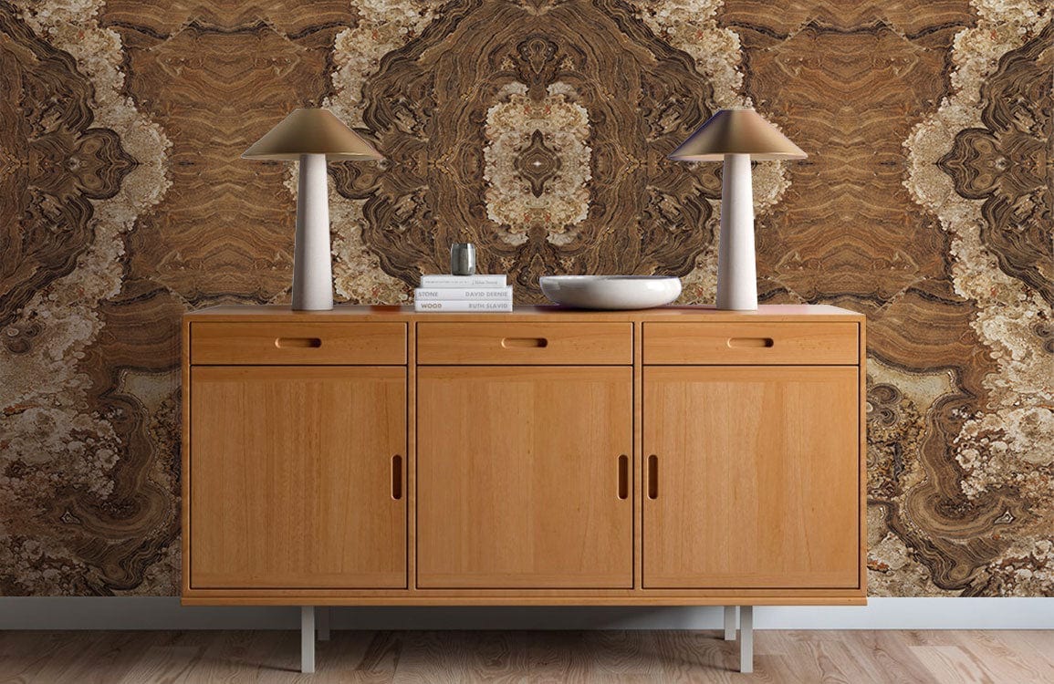 Antique Earthy Brown Baroque Wallpaper in classic interior with wooden sideboard and hardwood flooring.
