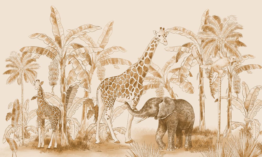 Safari Jungle Beige Sepia Wildlife Animals Botanical Mural Wallpaper Design