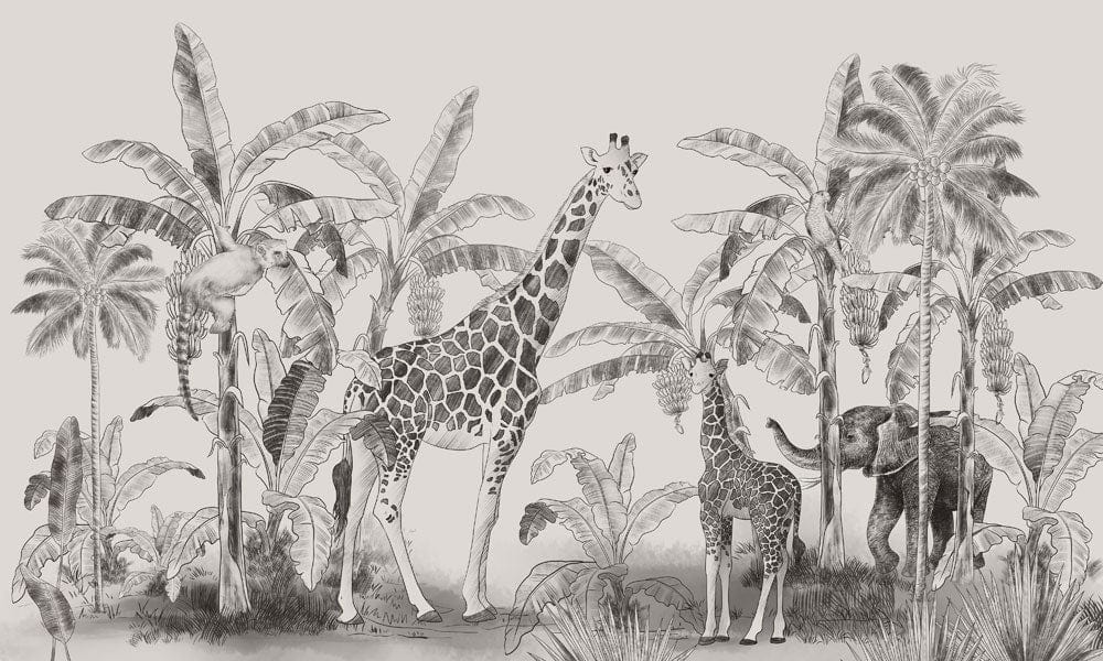 Vintage Safari Jungle Mural Wallpaper with Giraffes and Palms in Monochrome.