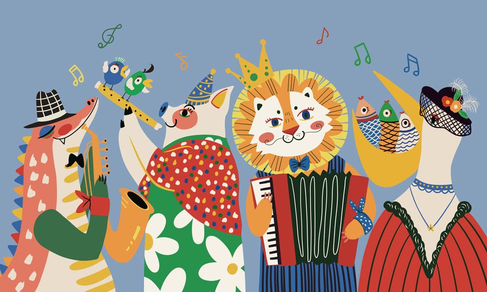 Colourful Animal Jazz Band Pattern Wallpaper for Kids' Playroom Decor