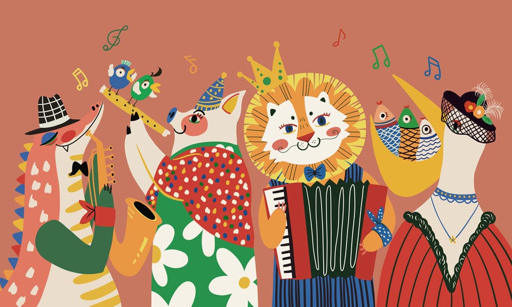 Whimsical Animal Band Mural Wallpaper - Vibrant Festive Party Design
