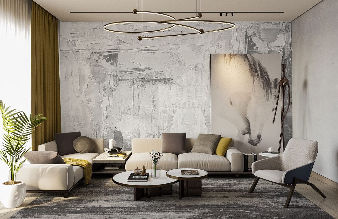 Contemporary living room with abstract grey and white mural wallpaper, modern sofas, round tables, and art.