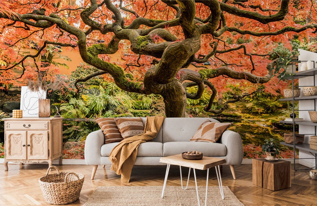Vibrant Japanese Maple mural wallpaper featuring grey sofa, wooden flooring, and rustic cabinet in living room.