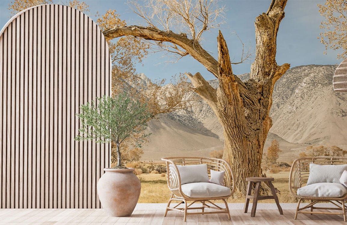 Serene Desert wallpaper, earthy tones, rattan chairs, neutral flooring, tranquil living space, dimension details included.
