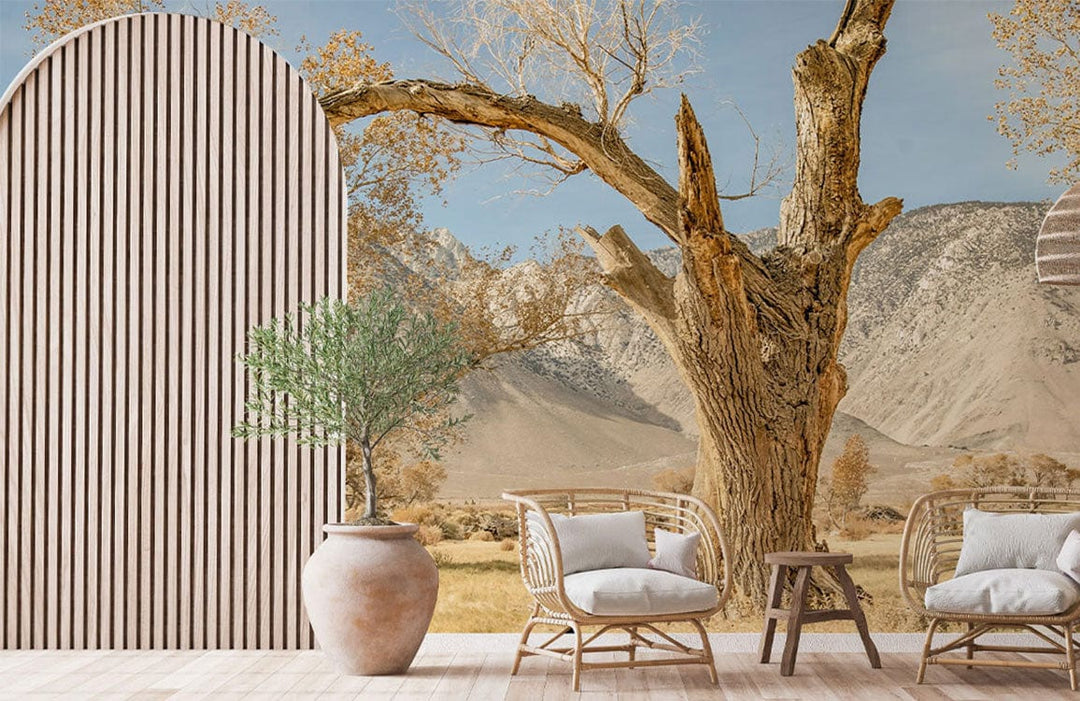 Serene Desert wallpaper, earthy tones, rattan chairs, neutral flooring, tranquil living space, dimension details included.