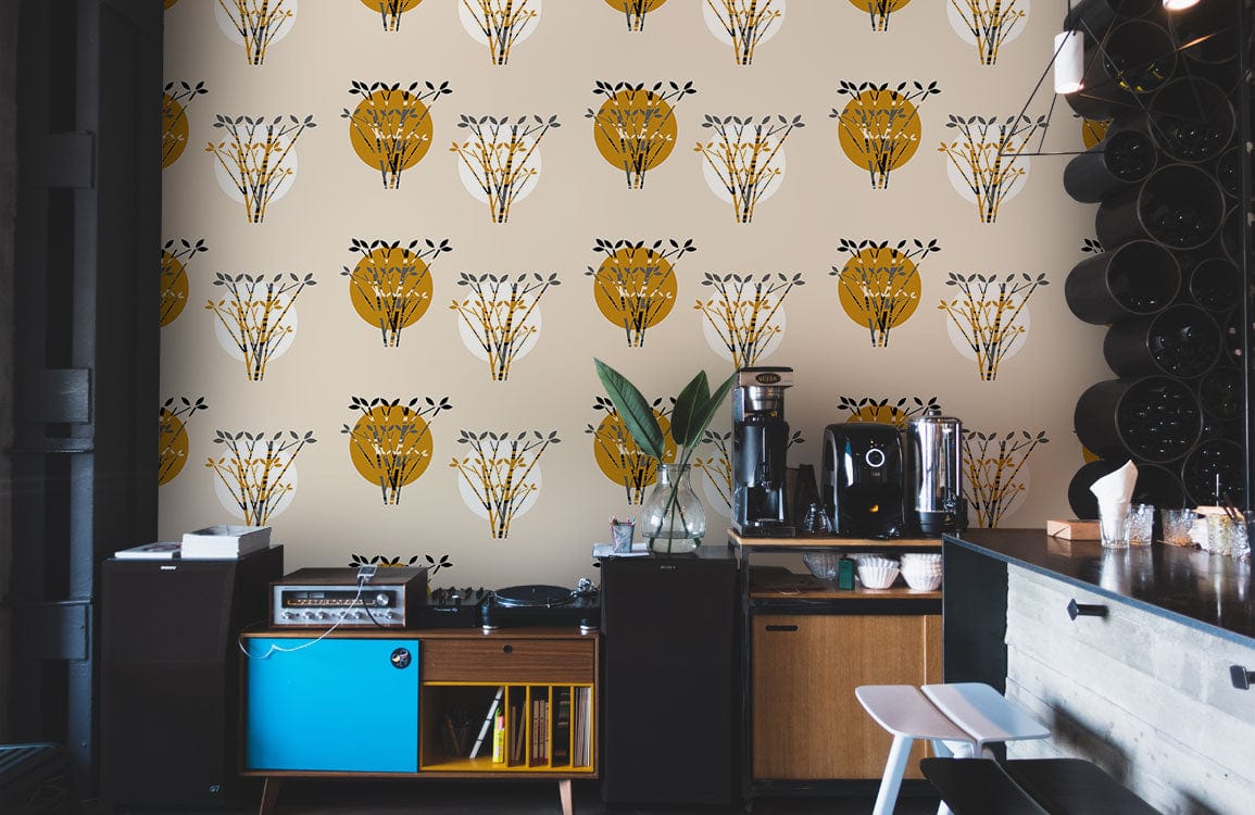 Vintage Golden Floral Motif Wallpaper on beige wall in modern kitchen with sleek cabinets and counter stools.