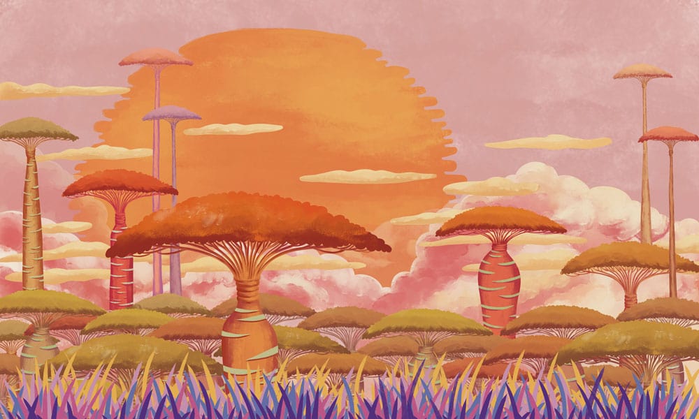 Vibrant Sunset Fantasy Landscape Wallpaper with Pink and Orange Hues