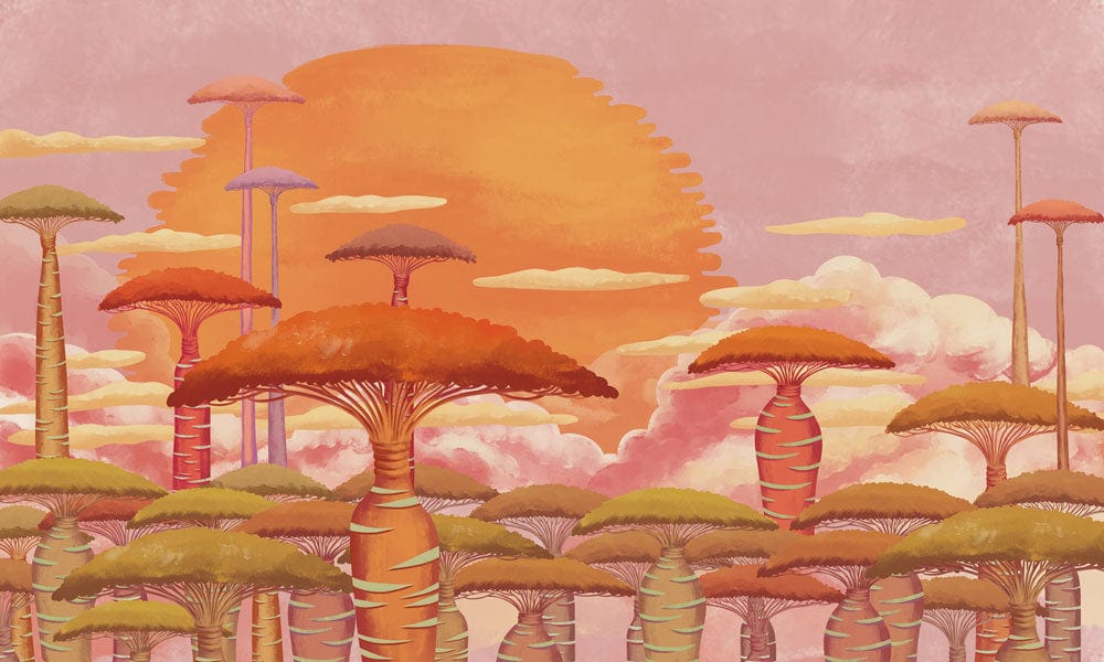 Sunset Glow Fantasy Trees Mural Wallpaper - Pink and Orange Dreamscape