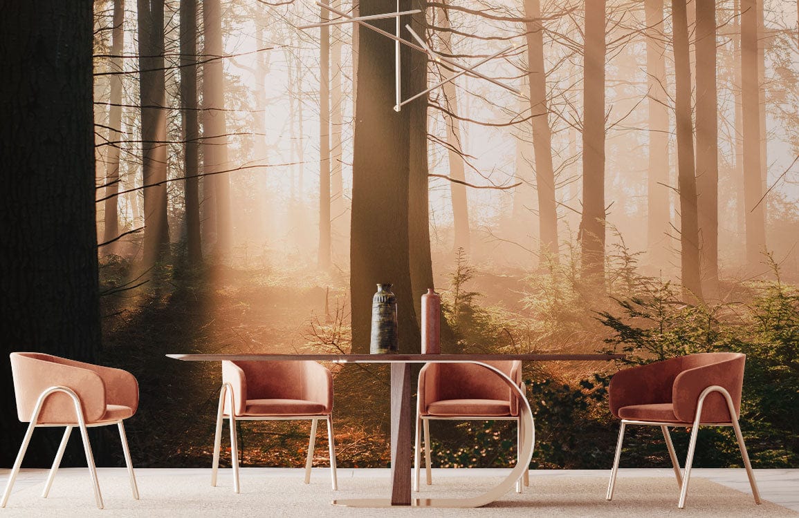 Serene Sunset Forest Mural Wallpaper in dining room with modern pink chairs and neutral flooring.