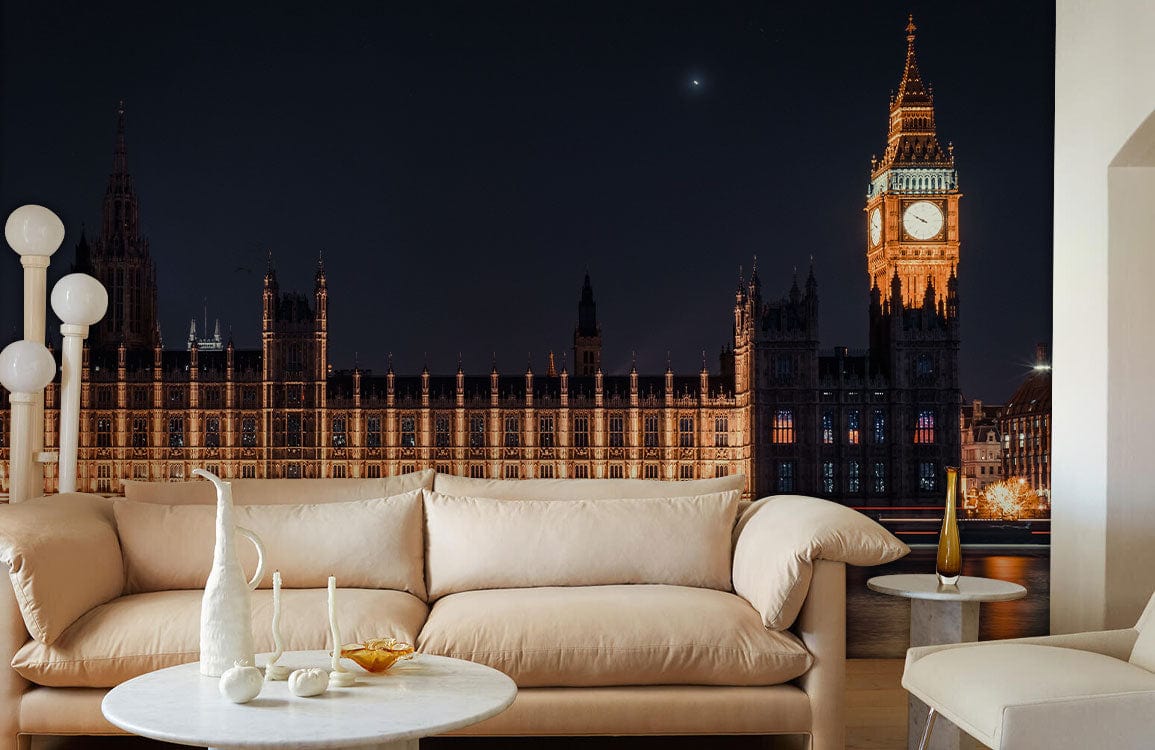 Illuminated London Skyline Mural wallpaper, beige sofa, modern lamps, round table, contemporary living room.