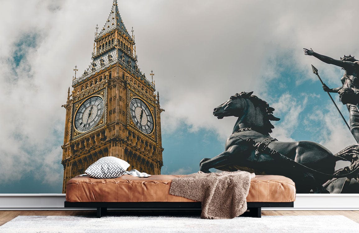 Big Ben wallpaper with horse statue, brown sofa, wooden flooring, blue sky mural, living room Décor.